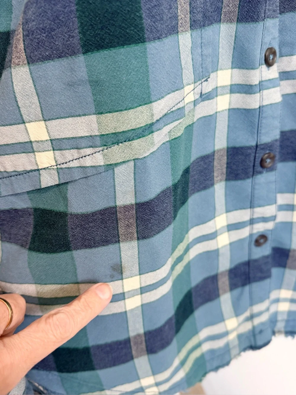 Free People Women’s Plaid Button Up Shirt L Blue Green Raw Hem Boho Rayon Cotton